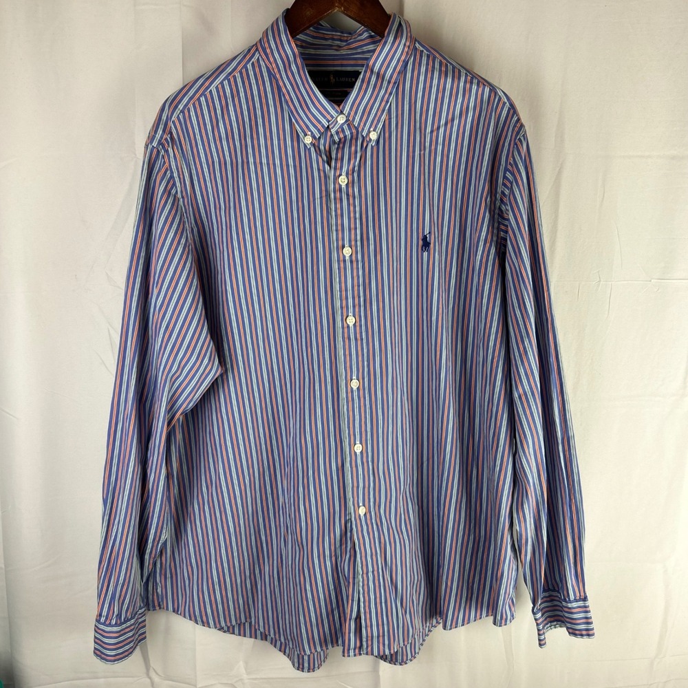 Ralph Lauren Poplin Long Sleeve Striped Button‎ Down Shirt Men's XXL Blue Orange